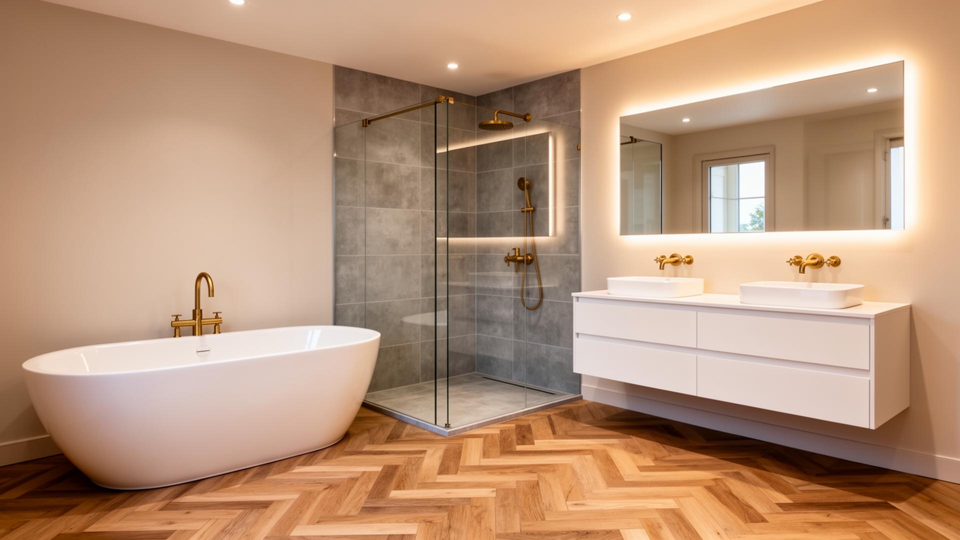 Salle de bain rénovée par THERMODOM, douche italienne et baignoire îlot